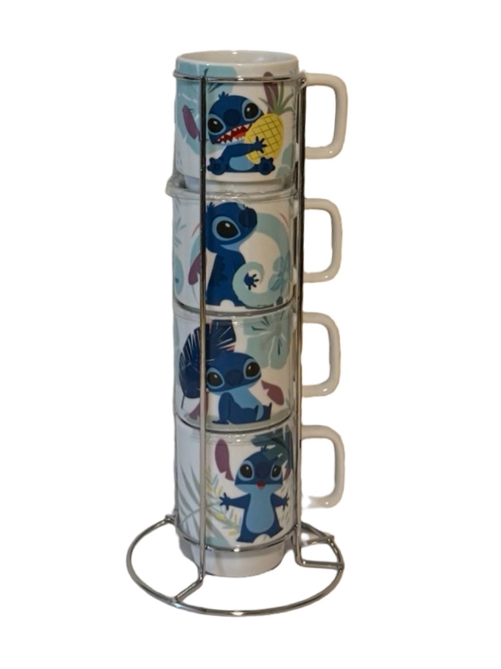 Brand New Stackable Stitch 4 Piece Mug Set with Stand